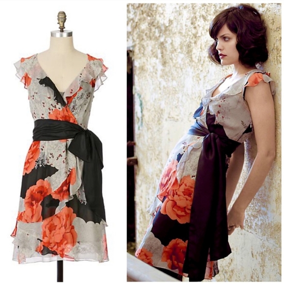 Moulinette Soeurs Dresses & Skirts - Moulinette Soeurs 100% Silk Asymmetrical Wrap Dress Floral Ruffle Sz 4